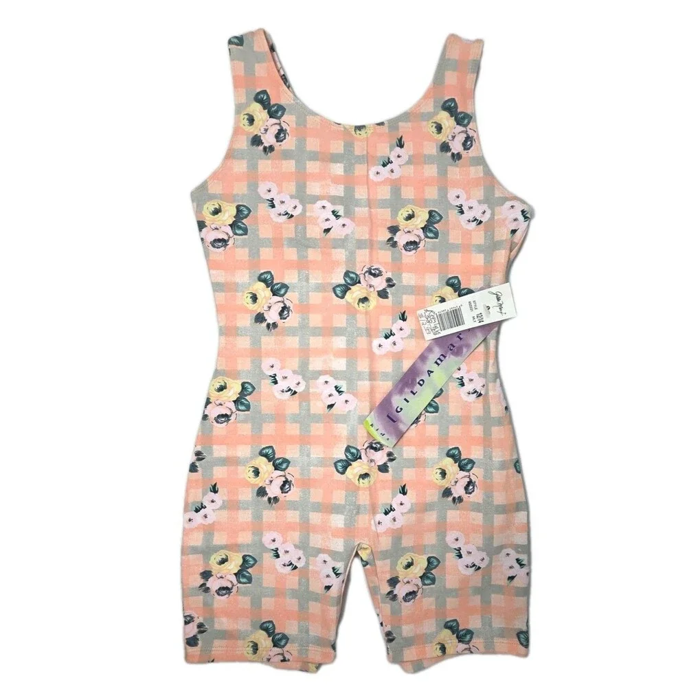 Gilda Marx VTG 90s Kids Cotton Peach Plaid Floral Biketard Singlet Size 12/14